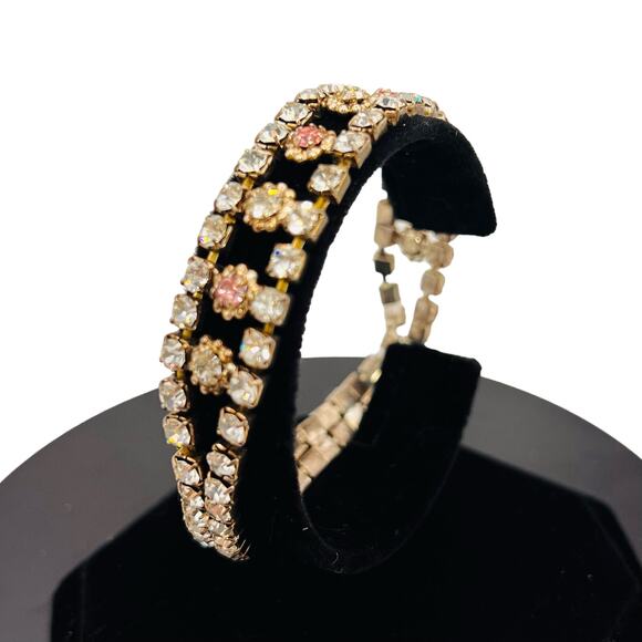 Vintage Rhinestone Tennis Bracelet CZ White CZ Pink Stretchy Formal Prom Jewelry - Picture 1 of 7